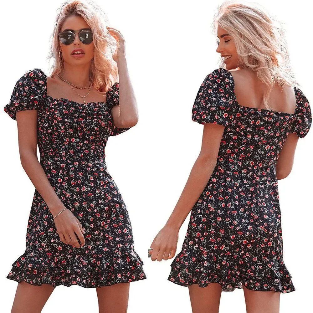 Ruched Short Puff Sleeve Casual Flounce Hem Floral Cute Mini Dress SIZE S NEW